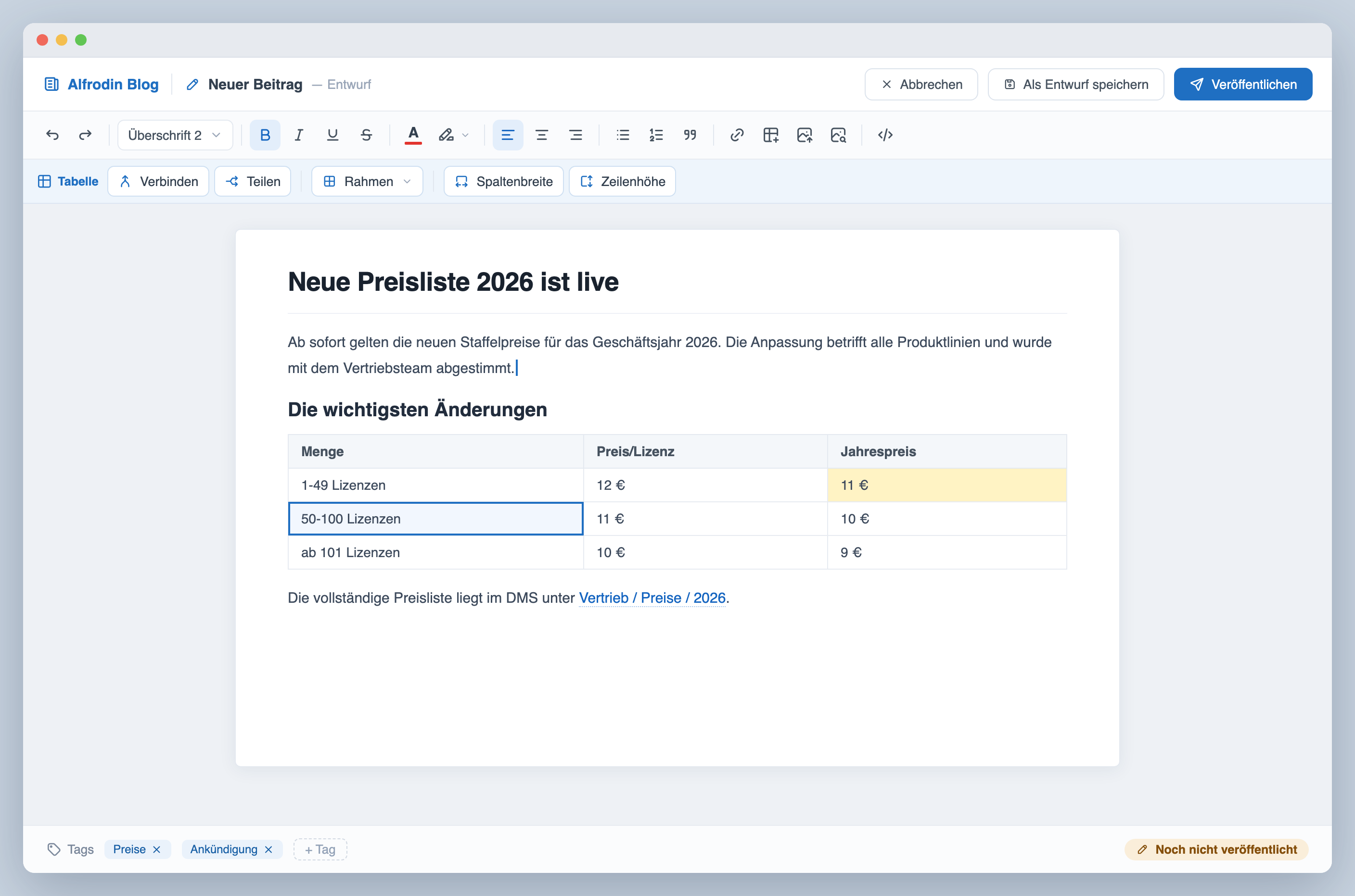 Alfresco blog post editor with formatting toolbar