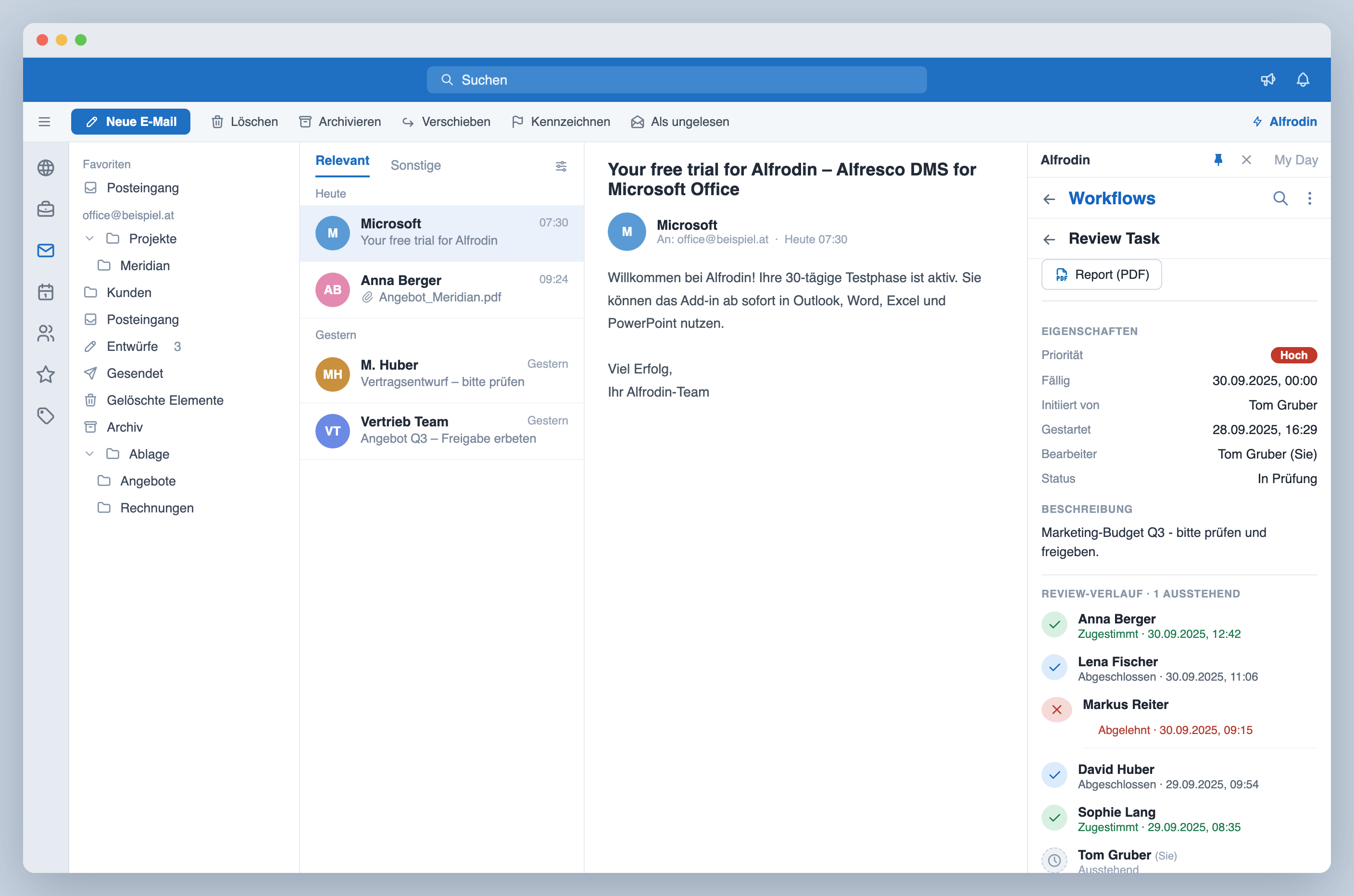 Review history showing who approved or rejected, with assignee and status