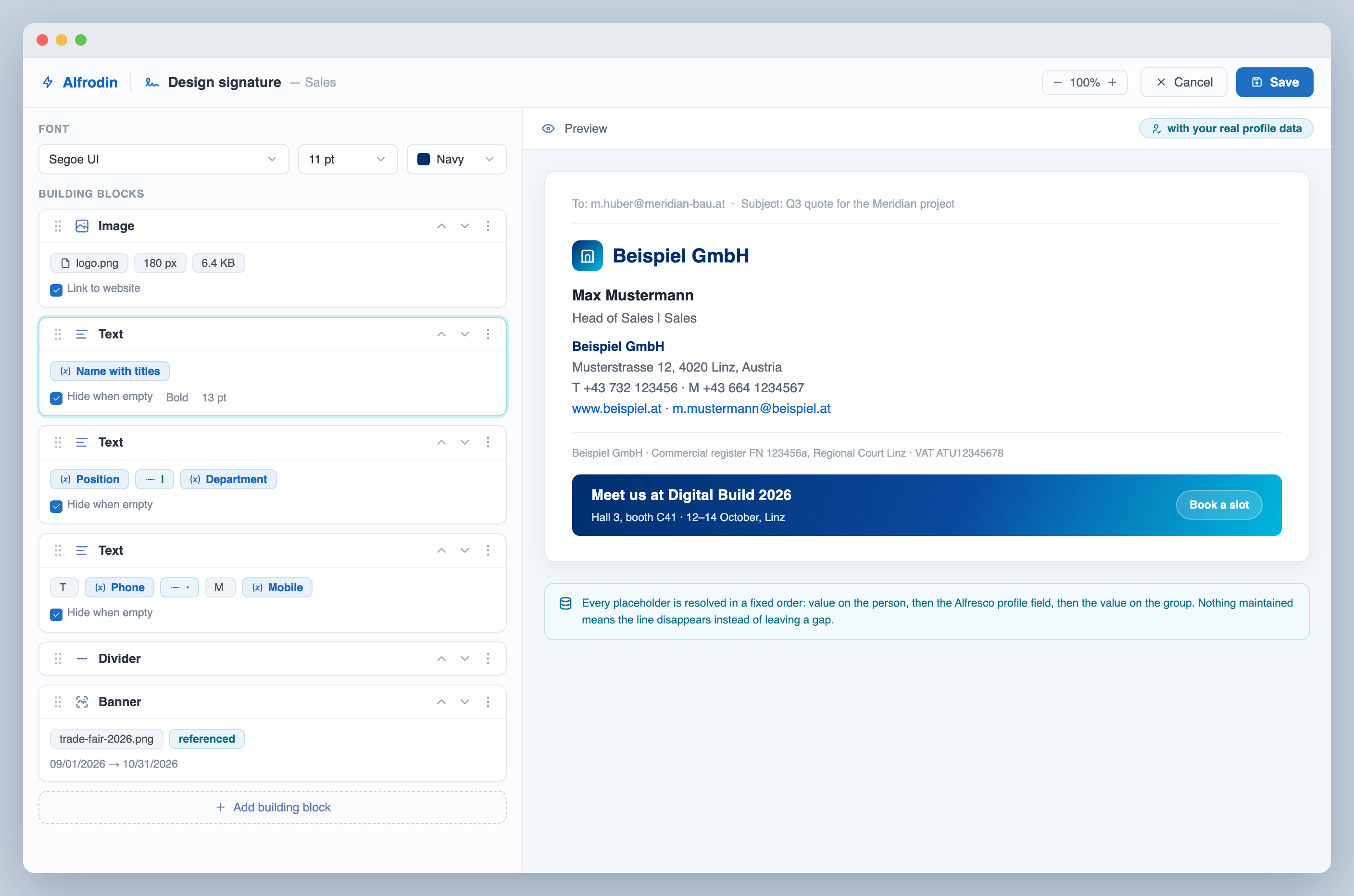 Signature designer with building blocks and live preview
