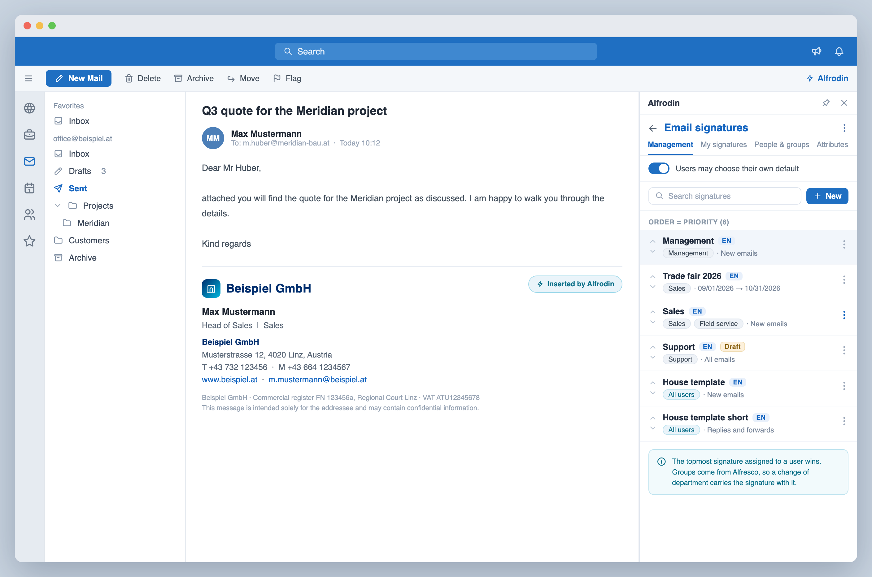 Email signatures managed centrally in the Alfrodin pane