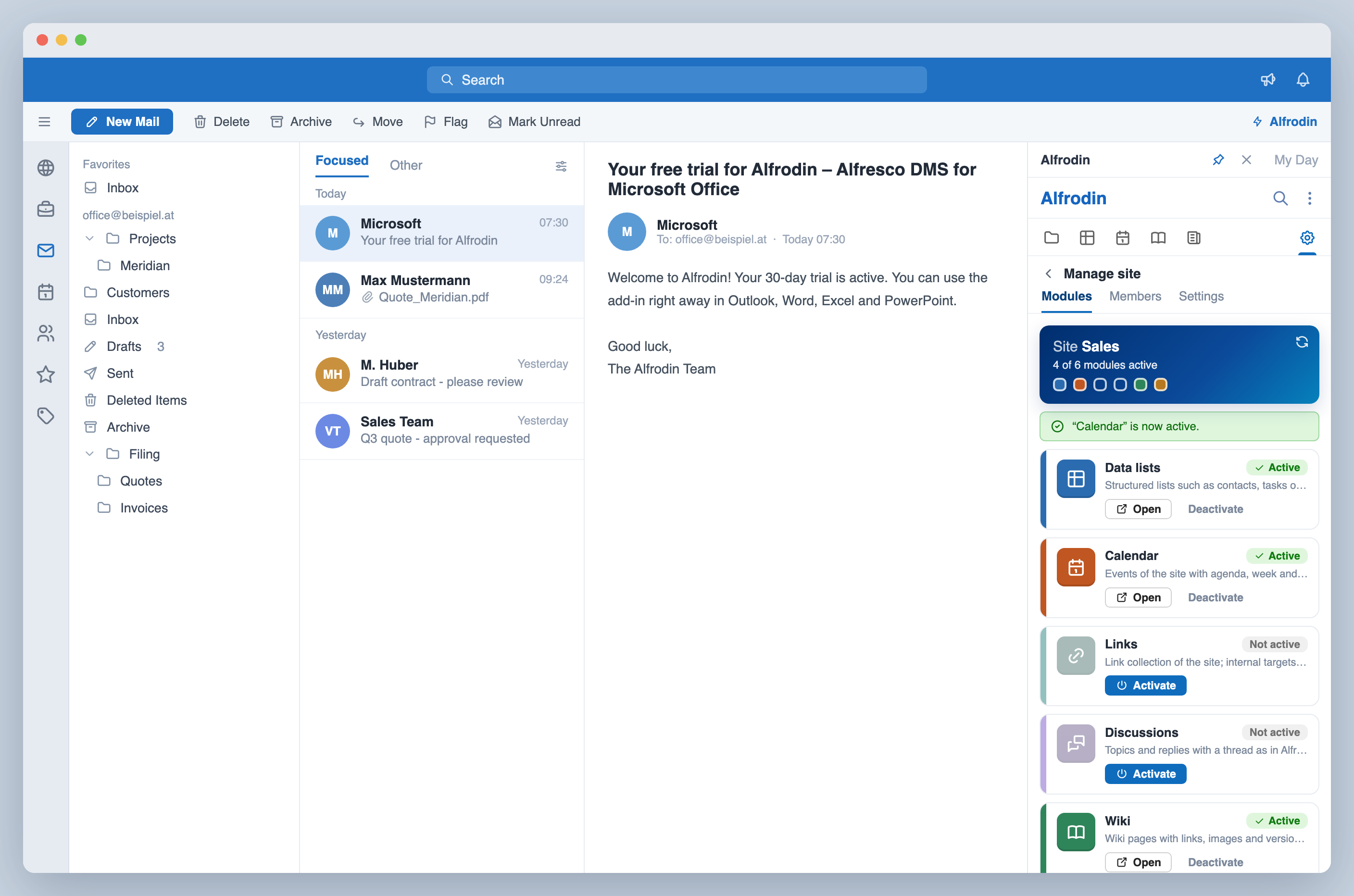 Manage site: activate and deactivate the modules of a site