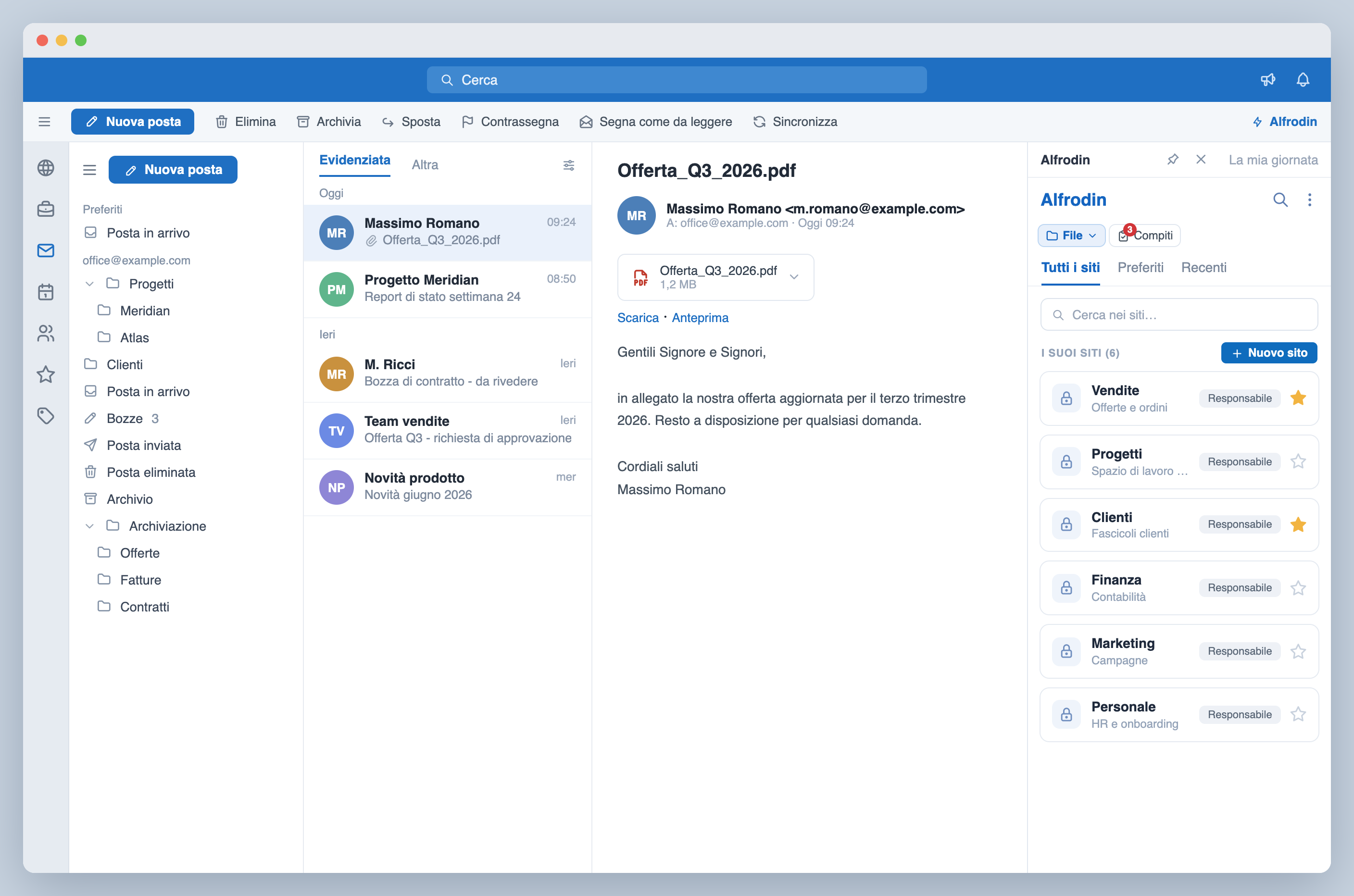 Alfrodin in Outlook: siti e preferiti nel riquadro attività