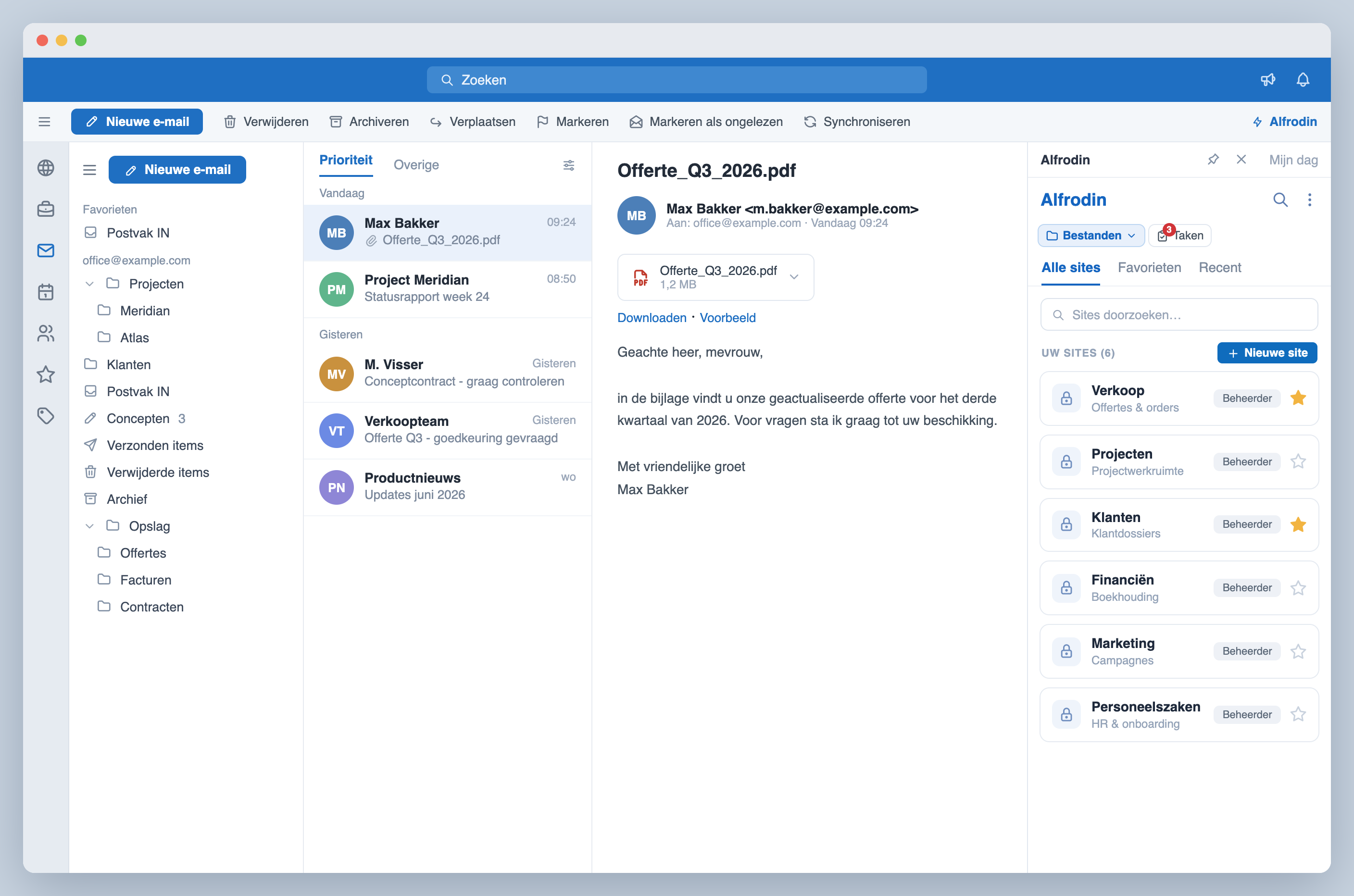 Alfrodin in Outlook: sites en favorieten in het taakvenster