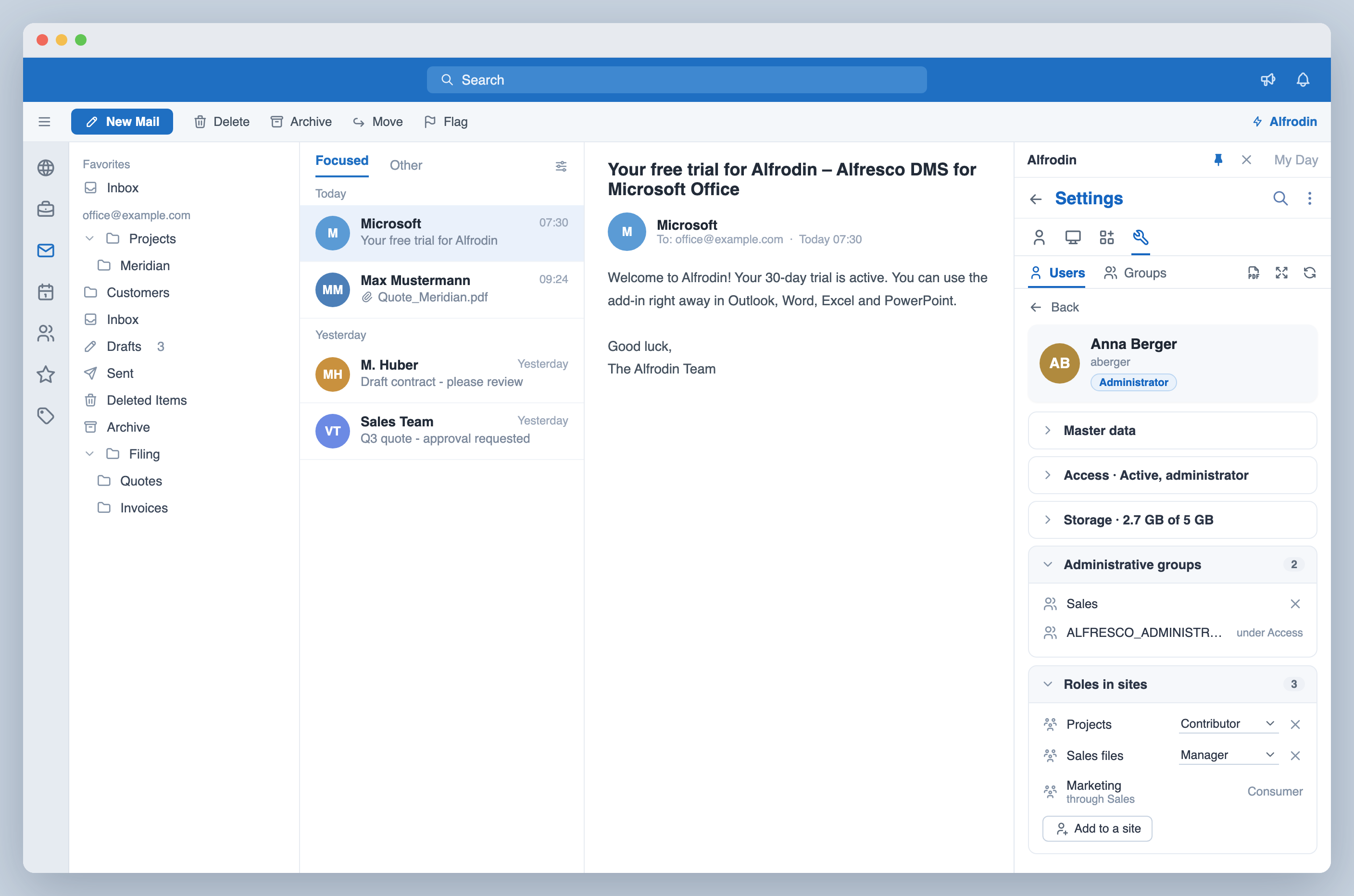 User and group administration in the Alfrodin pane