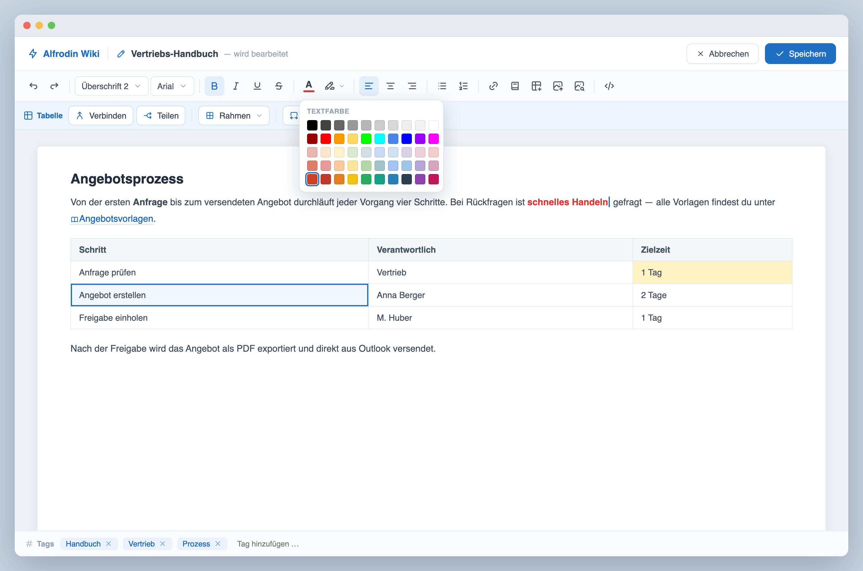Wiki page editor with formatting toolbar and tags bar