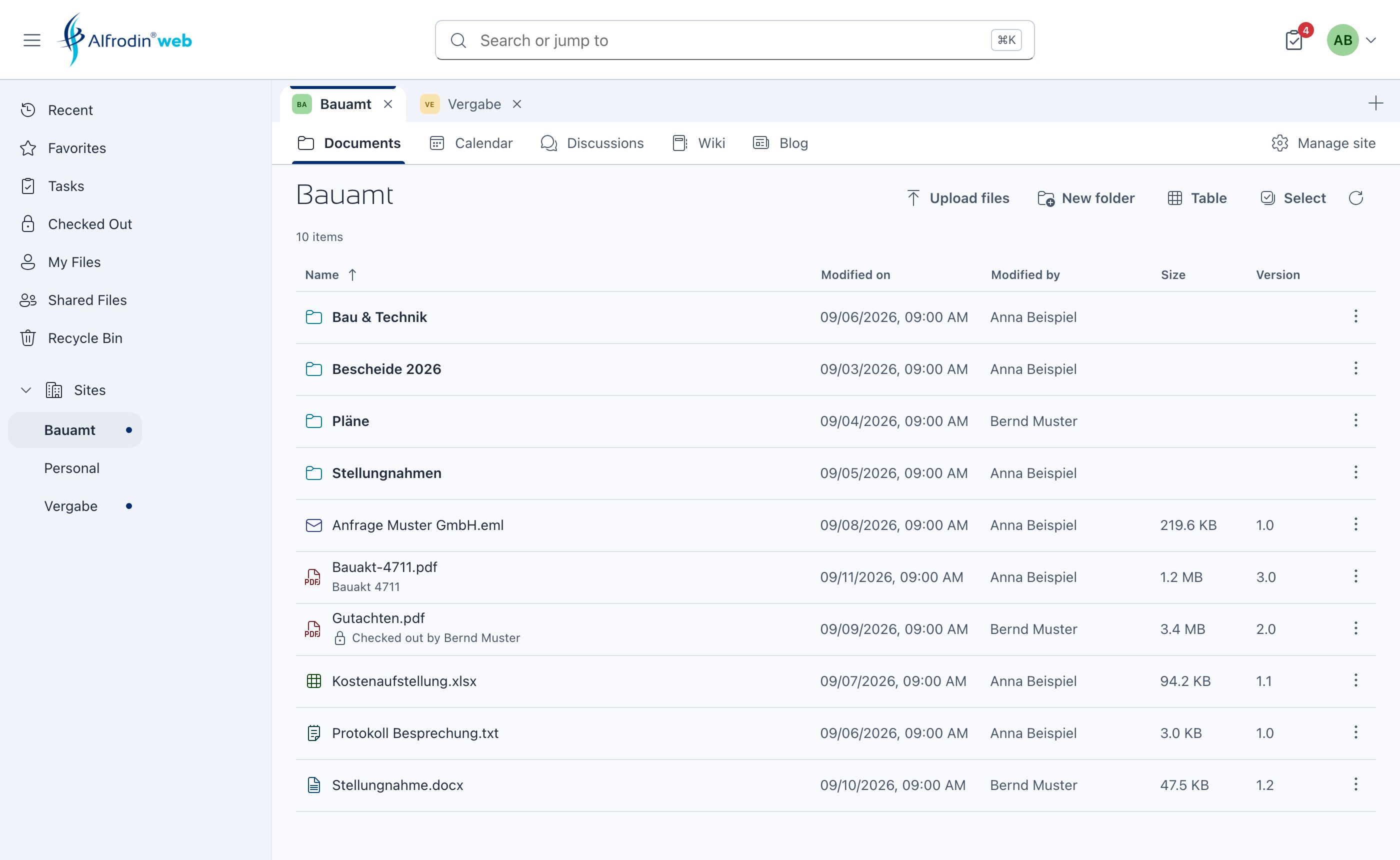 Alfrodin Web: documents of the site Bauamt with tabs and module bar