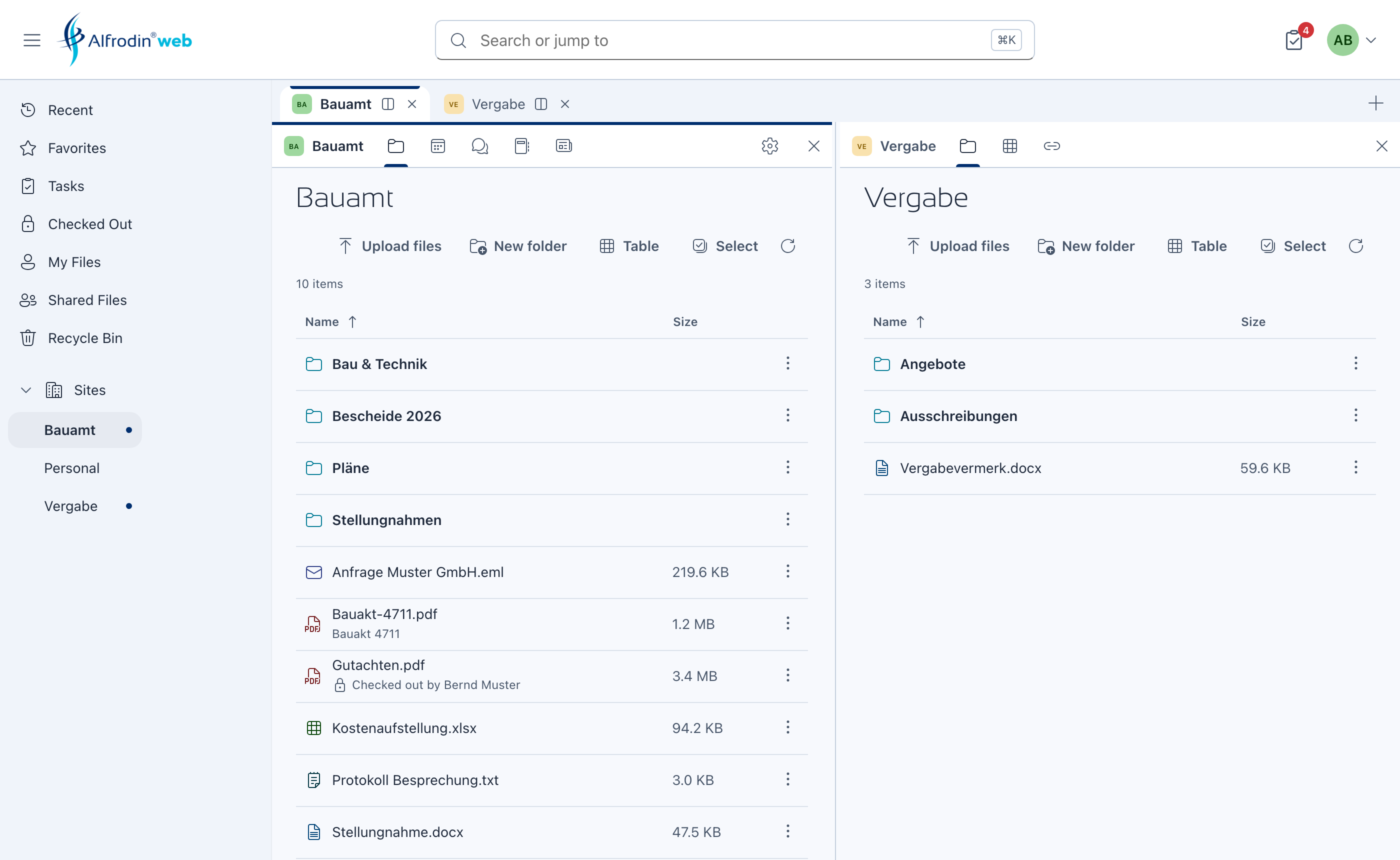 Alfrodin Web: the sites Bauamt and Vergabe as tabs and side by side