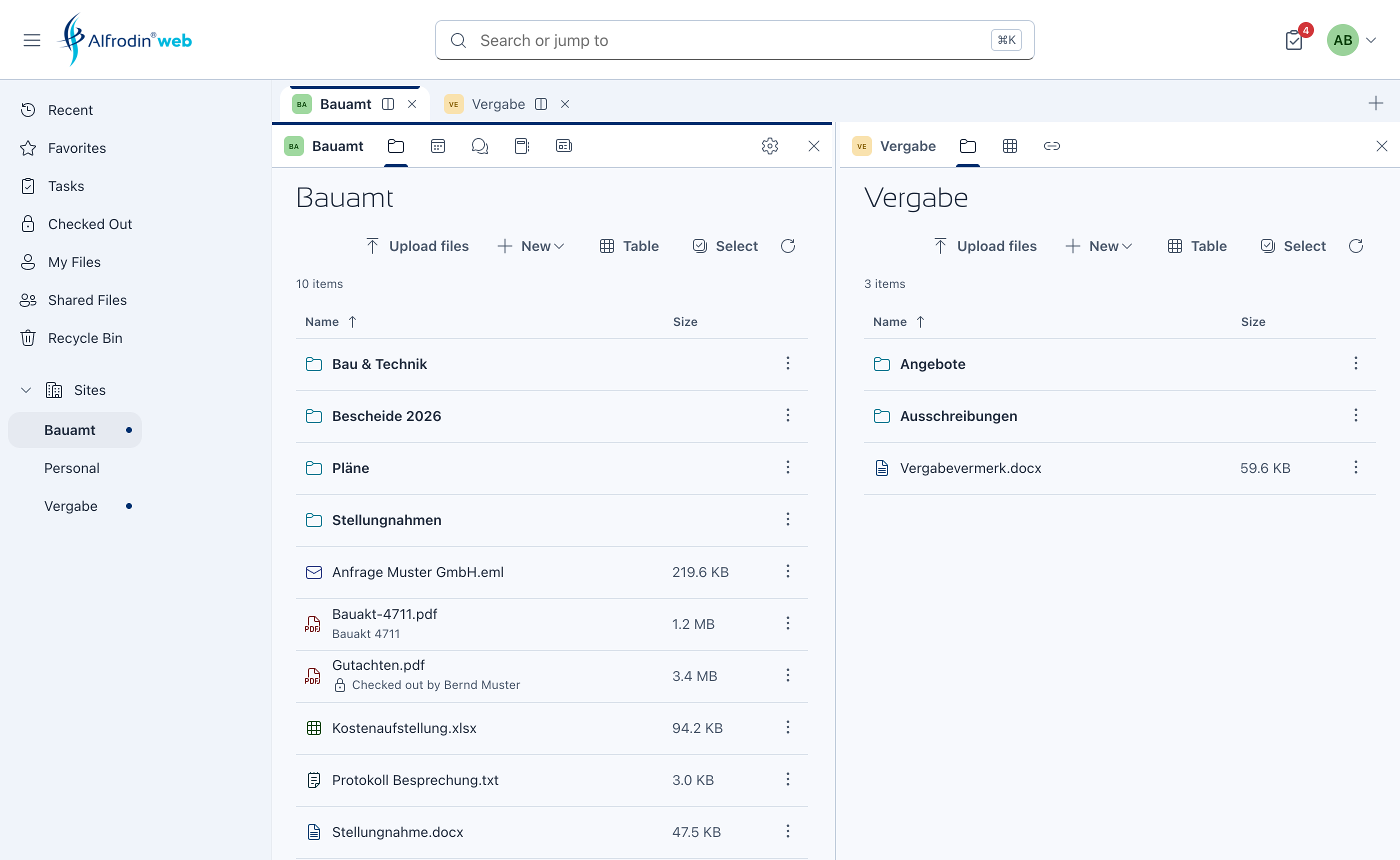 Alfrodin Web: two sites side by side in a split view