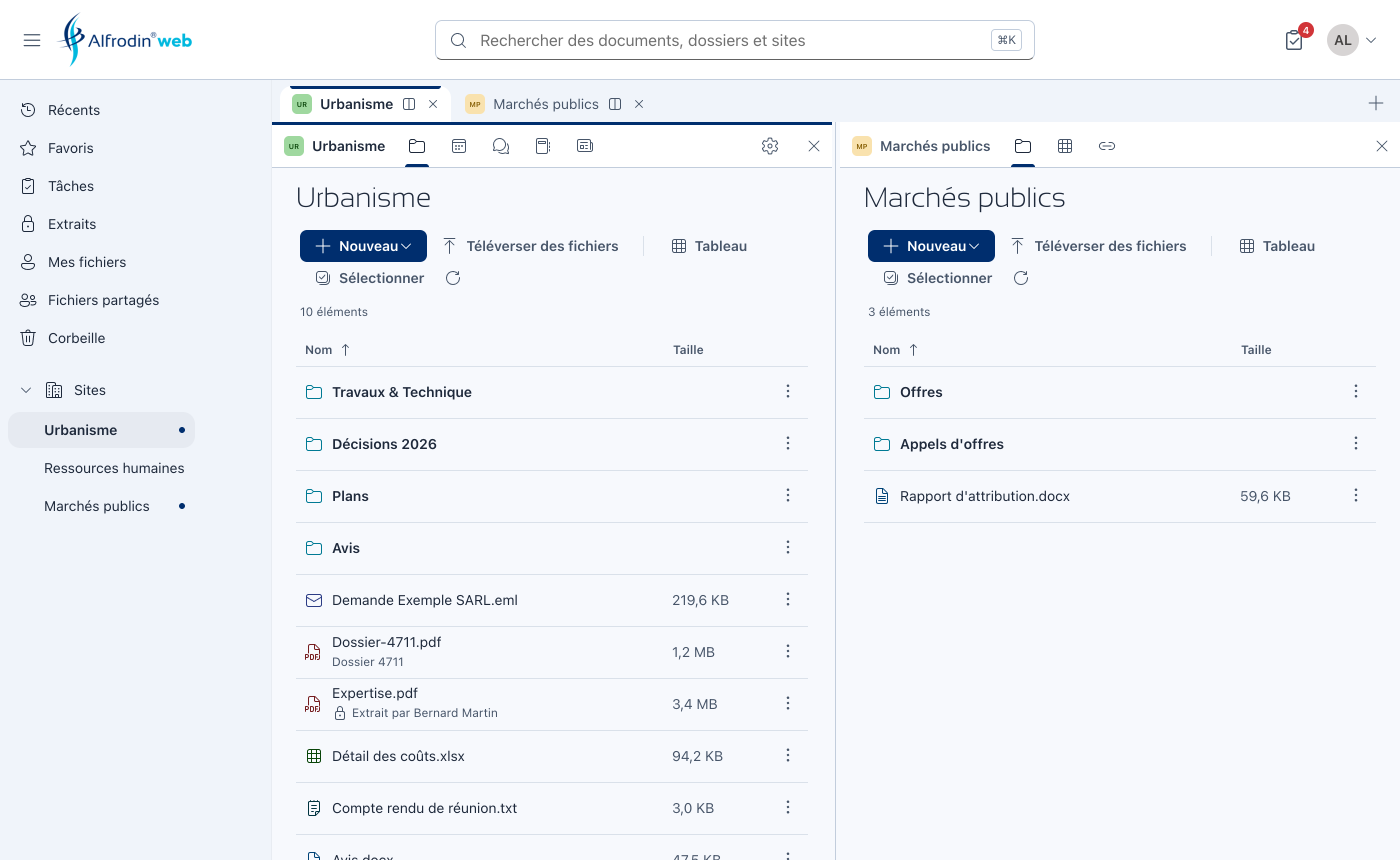 Alfrodin Web : deux sites côte à côte dans la vue partagée
