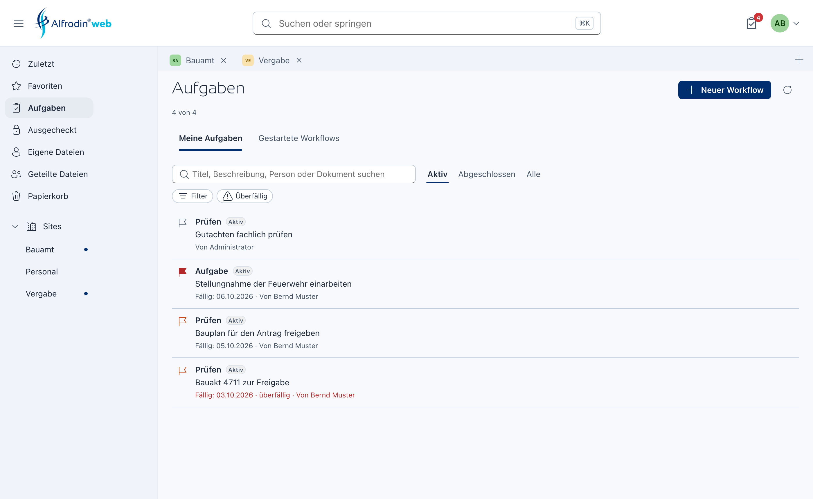 Alfrodin Web: Aufgaben mit Status, Fälligkeit und Priorität