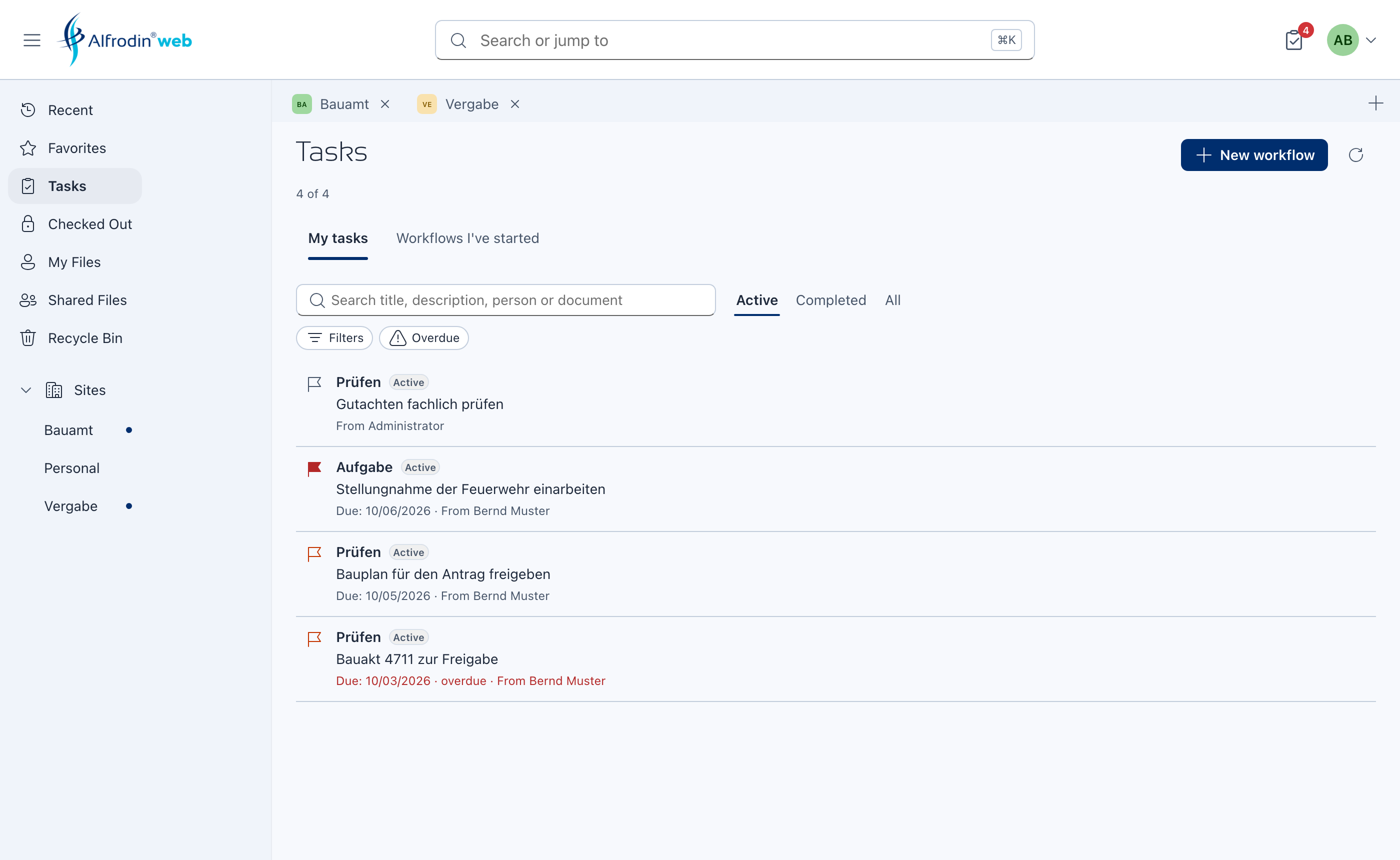 Alfrodin Web: tasks with status, due date and priority